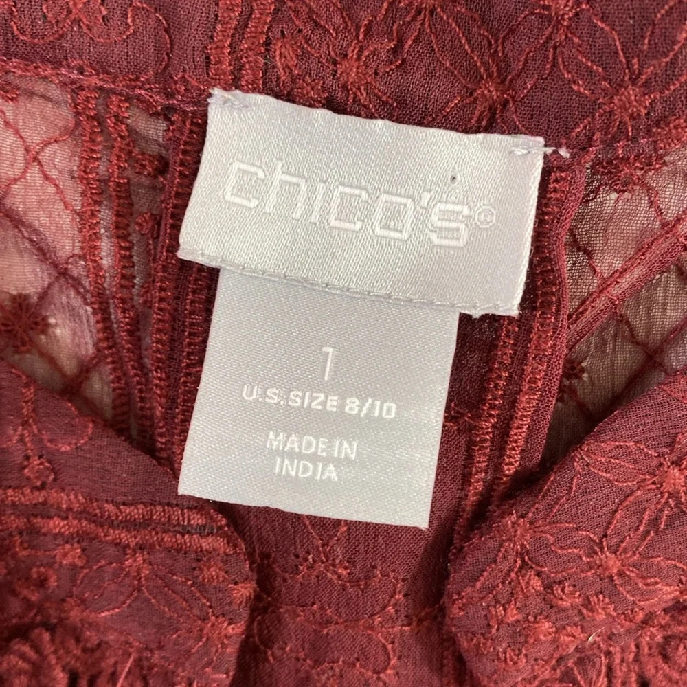 Chico's Popover Blouse Womens Size 1 8/10 M Burgundy Red V-Neck See Through Lace - Picture 11 of 13